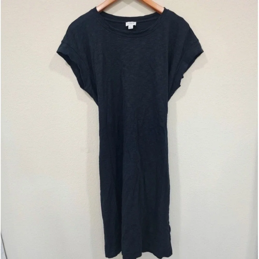J.Crew Black Tie Waist Shift Dress‎ L Slub Knit Cap Sleeve Mini Dress